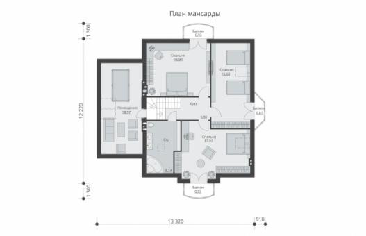 Проект одноэтажного жилого дома с мансардой, гаражом, балконами и террасой